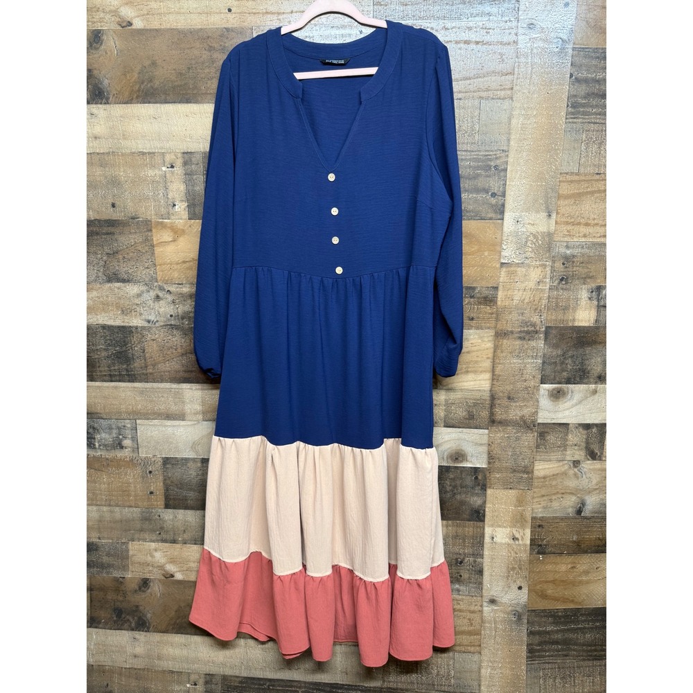 BloomChic Navy Blue Colorblock Tiered Midi Dress‎ Long Sleeve Pockets Plus 18-20